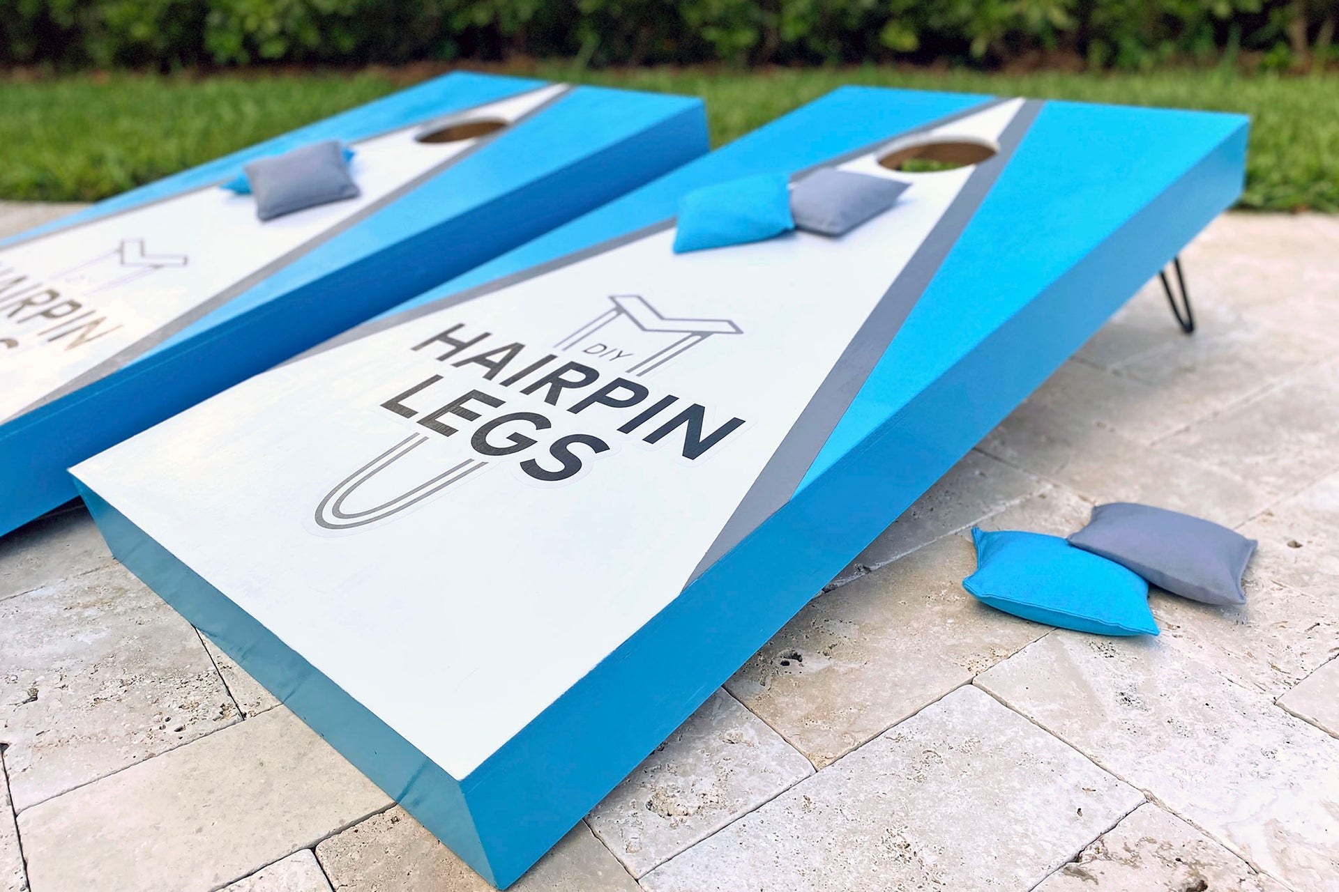 diy hairpin legs cornhole board with vinyl logo