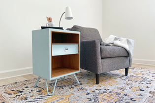  vintage nightstand upcycle with blue hairpin legs